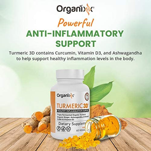 Organixx Turmeric Curcumin, Natural Inflammatory, and Immune Support, Maintain Healthy Joints, with Ginger, Ashwagandha, Vitamin D, Fermented for Maximum Bioavailability, 60 Vegetarian Capsules