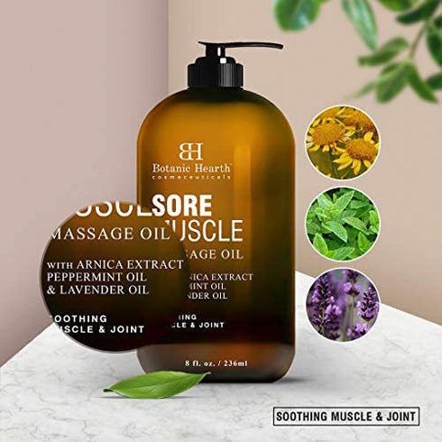 BOTANIC HEARTH Sore Muscle Massage Oil - with Arnica Montana Extract and Essential Oils - Warming and Relaxing - Soothes Tired Sore Muscles and Joint Pain, 8 fl oz