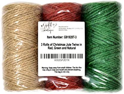 Christmas Baker’s Jute Twine, 3 Rolls of Red, Green and Natural Holiday Decorative String for Arts 'n' Crafts, Packing, Wrapping and Party Supplies, 450 Feet by Gift Boutique