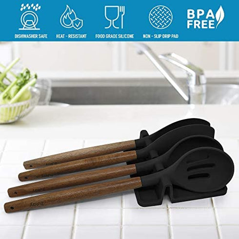 Silicone Utensil Rest with Drip Pad for Multiple Utensils, Heat-Resistant, Spoon Rest & Spoon Holder for Stove Top, Kitchen Utensil Holder for Spoons, Ladles, Tongs & More - by Zulay (Black)