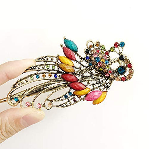 2 Pack Peacock Alligator Hair Clips Rhinestone Flower Decorative Alligator Hair Clips, Metal Flower Hair Clips for Women (Style-C)
