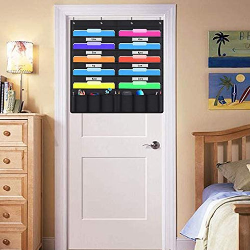 Hanging File Holder Organizer Rack, 10+10 Pocket Chart File Folders, Wall Mount, 10 Tier Folder Frame Hang Desk File, Calendar, Expanding File, Home Decor Shelf Bathroom, Rustic Bedroom, Board, Black