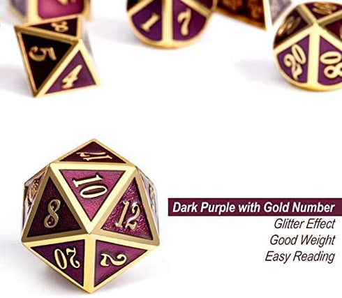 DnDnD Table Game Metal Dice Set, 7PCS D&D Metal Die with Metal Gift Box for Tabletop Games Dungeons and Dragons Dice (Dark Purple and Gold Number)