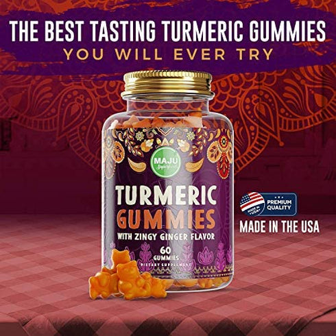 MAJU Turmeric Curcumin Gummies 60ct, Zingy Ginger Taste, Black Pepper Extract for Enhanced Absorption and Potency, Use for Joints, Inflammation & Pain Support, Tumeric Gummies for Adults and Kids
