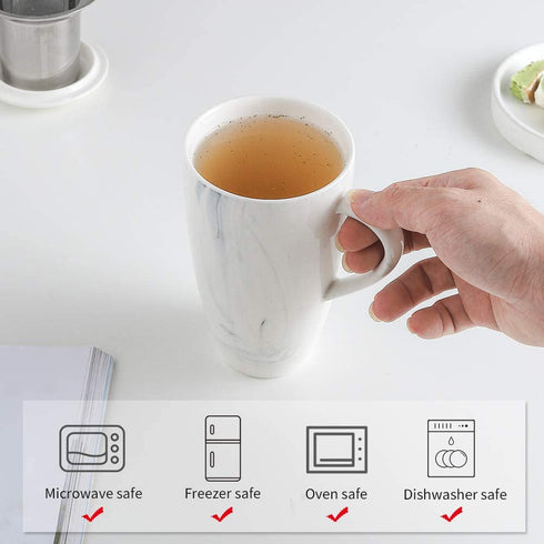 KOOV Porcelain Tea Cup with Infuser Basket and Lid, Teaware with Filter, 18 OZ (marble white)