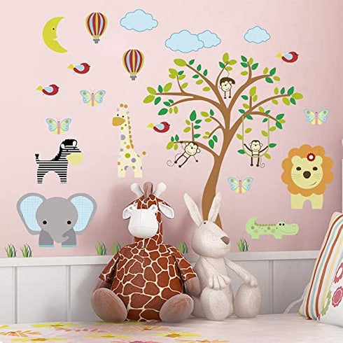 Supzone Jungle Animal Wall Stickers Monkey Tree Wall Decals Elephant Giraffe Zebra Vinyl Forest Animal Wall Stickers DIY Removable Home Decoration Baby Nursery Girl Boy Kids Room Wall Decor
