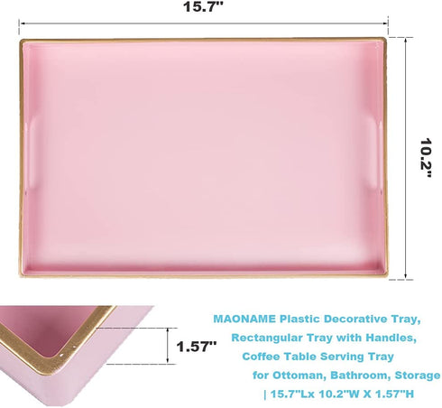 MAONAME Pink Serving Tray with Handles, Modern Decorative Tray for Coffee Table, Plastic Rectangular Tray for Ottoman, Bathroom, Decor, 15.75? x 10.2? x1.57