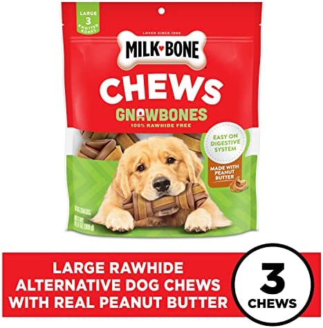 Milk-Bone Gnaw Bones Rawhide Free Dog Chew Treats, Peanut Butter & Chicken, 3 Large Knotted Bones