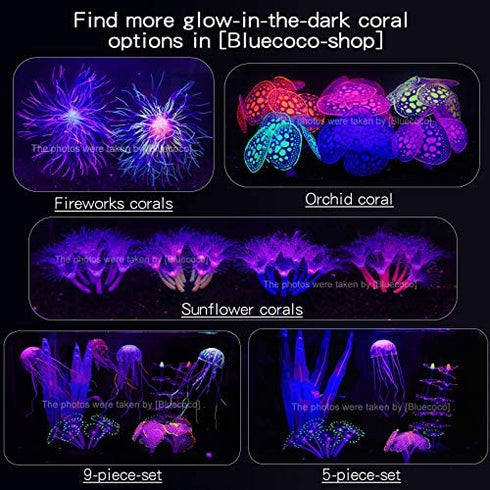 Bluecoco Soft Silica Gel Moves Naturally with Water Flow, Aquarium Decorations Glow in The Dark, Glowing Coral Ornaments for Fish Tank Decorations (Green, Anemone)