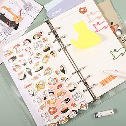 Cat Adhesive Notes Pen Set, Cat Self-Stick Page Flags with 9 Cat Gel Ink Pens 30 Cat Shaped Paper Clips and Cartoon Cat Stickers, Cat Index Tabs Kits for Home School Office