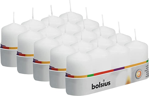 BOLSIUS 20 Count 1.6 x 2.4 Inch White 'Small' Pillar Candles - 7 Burn Hours - Premium European Quality - Unscented Dripless and Smokeless Wedding, Party, Restaurant, & Special Occasion Candle Set