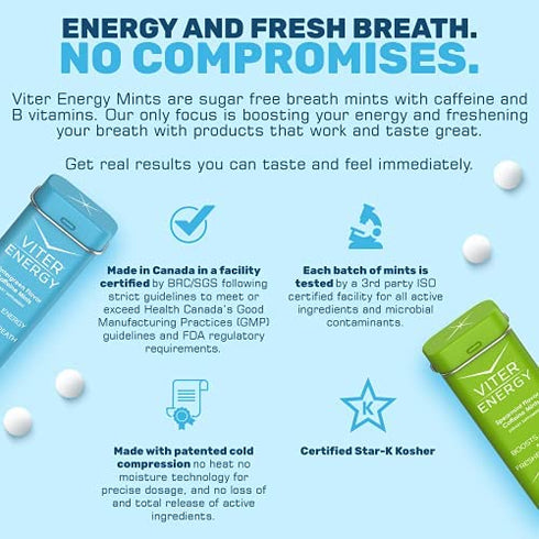 Viter Energy Caffeinated Mints - 5 Flavor Variety Pack. 40mg Caffeine, B Vitamins, Sugar Free Vegan Breath Mint. Powerful Energizing Boost. 2 Energy Mints Replace 1 Coffee, Gum, Chews, Gummies, Candy