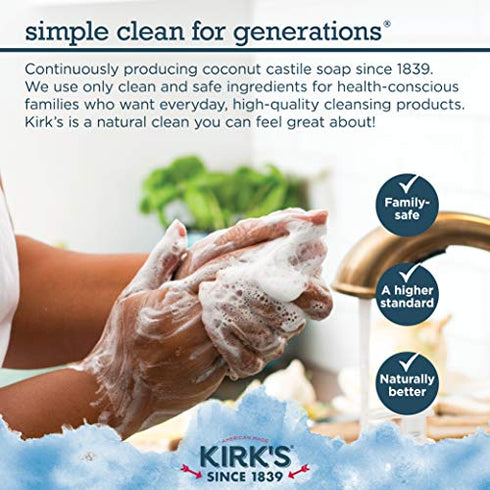 Kirk's Castile Bar Soap Clean Soap for Men, Women & Children| Premium Coconut Oil | Sensitive Skin Formula, Vegan | Original Fresh Scent | 4 oz. Bars - 3 Pack