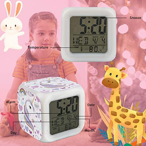 TOUCH X Girls Alarm Clocks, Unicorn Night Light Kids Alarm Clocks with 4 Sided Unicorn Pattern&9 Kinds of LED Glowing Wake Up Bedside Clock Gifts for Unicorn Room Decor for Girls Bedroom