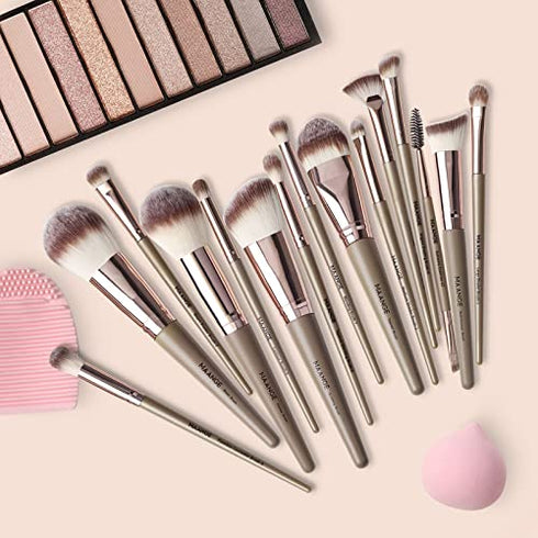 MAANGE Makeup Brushes 15 Pcs Professional Synthetic Makeup Brushes Set Foundation Contour Concealer Blush Powder Make Up Brushes With 1 Makeup Sponge & 1 Brush Cleaner (Champagne)