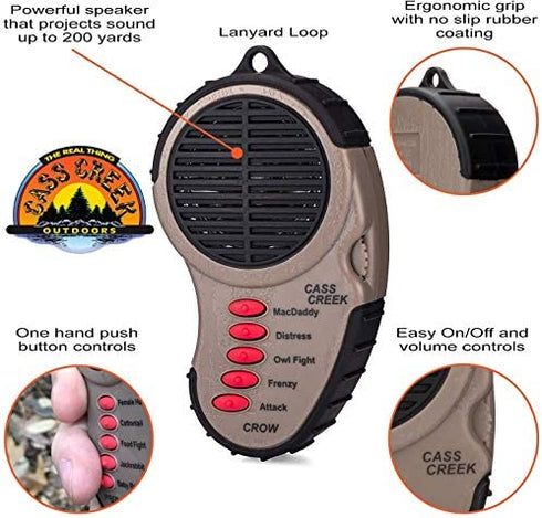 Cass Creek Ergo Crow Call, Handheld Electronic Game Call, CC065, Compact Design, 5 Calls In 1, Expert Calls for Everyone,Camo