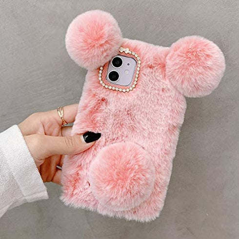 LUVI for iPhone 12 Mini Plush Furry Case Fuzzy Fluffy Ball Rabbit Fur Hair Cute Cartoon Bear Ear with Bling Glitter 3D Diamond Bowknot Camera Protection Cover for iPhone 12 Mini 5.4 inch Pink
