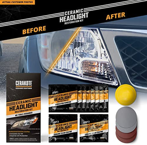 CERAKOTE Ceramic Headlight Restoration Kit – Guaranteed To Last As Long As You Own Your Vehicle – Brings Headlights back to Like New Condition - 3 Easy Steps - No Power Tools Required