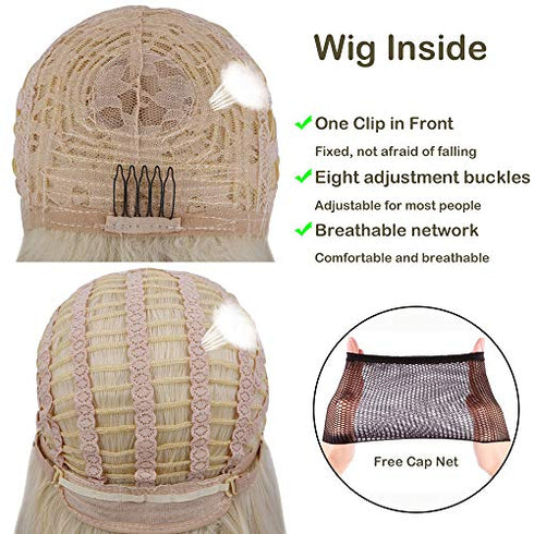 QUEENTAS Platinum Blonde Wig for Women with Side Bangs Layered Long Straight Free Part None Lace Synthetic Hair (Platinum Blonde)