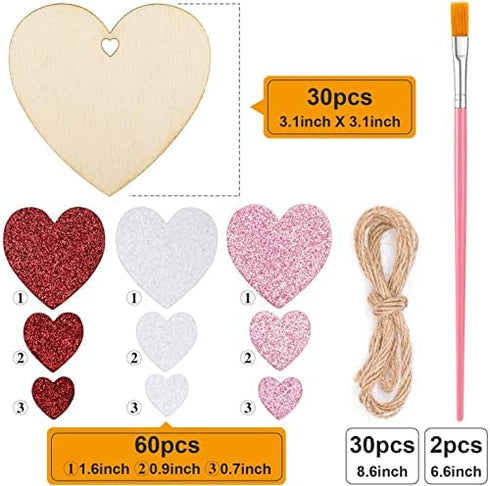 Wooden Hearts for Crafts - 30 Pcs 3" Natural Heart Wood Slices Unfinished Predrilled DIY Heart Wooden Ornaments Heart Shape Wood Cutouts with Glitter Heart Foam Stickers for Valentine's Day