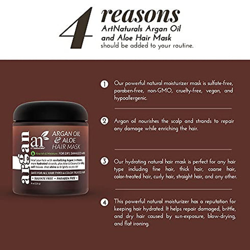 artnaturals Argan Hair Mask Conditioner - (8 Oz/226g) - Deep Conditioning Treatment - Organic Jojoba Oil, Aloe Vera & Keratin - Repair Dry, Damaged, Color Treated, Natural Hair Growth - Sulfate Free