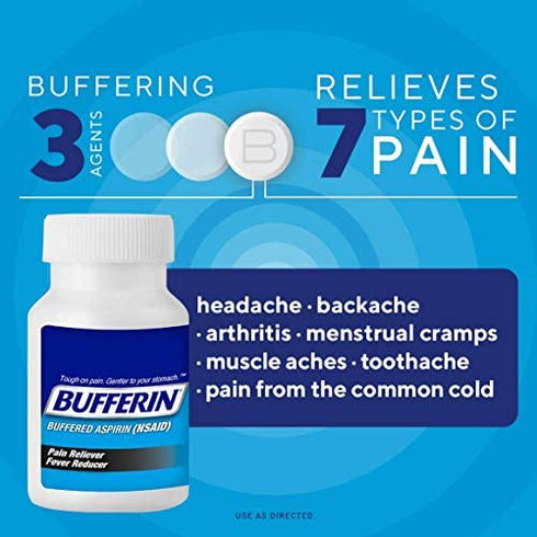 Bufferin Aspirin Pain Reliever/Fever Reducer Coated Tablets, Relieves Headache, Arthritis, Backache & Menstrual Cramps, Contains Antacids, 325mg, 130 Count (Pack of 3)