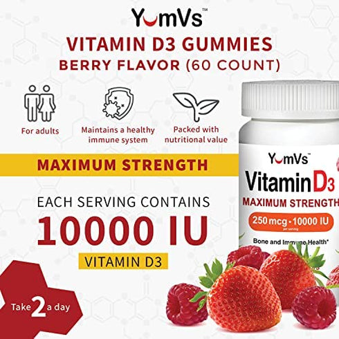 Vitamin D3 10000 IU Maximum Strength Gummies for Adults by YumVs | Vitamin D 5000 iu per Gummy | 250 mcg – Vitamin D per Serving | Kosher Vegetarian Chewables Berry Flavor - 60 Count
