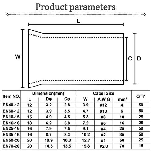 Ruikarhop 290PCS (AWG 12 10 8 6 4 2 1 2/0) 2/0-12 Gauge Wire Ferrules Kits Silver Plated Copper Crimp Connector Non Insulated Ferrules Pin Cord End Terminal