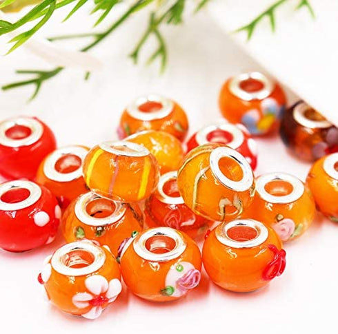 AIPRIDY 50Pcs 15x11mm Murano Large Hole Glass Beads with Silver Brass Cores European Beads for Jewelry Making (Orange)