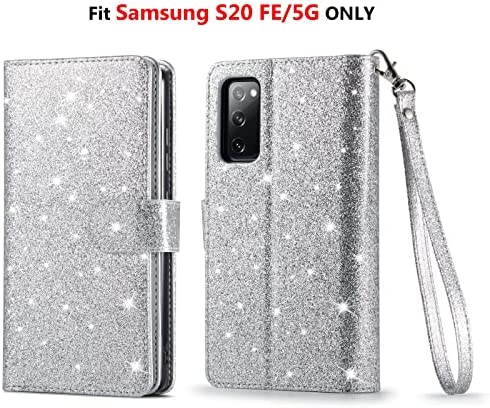 Varikke Samsung S20 FE Case Wallet, Case for Samsung S20 FE 5G with 9 Card Holders & Magnetic Detachable Cover & Kickstand & Lanyard Strap Glitter PU Leather Folio Flip Case for Galaxy S20 FE, Silver