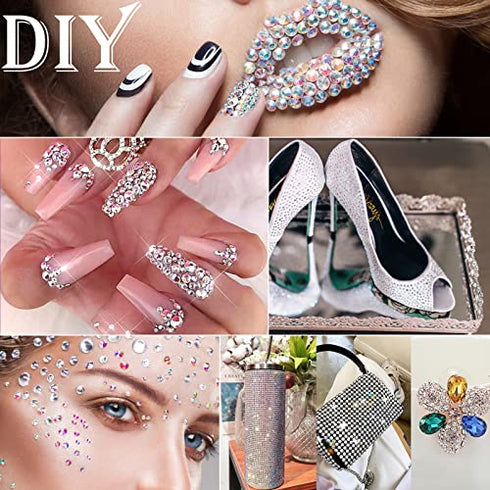Canvalite 1500PCS Rhinestones in 6 Sizes Flat Back Gems, Crystal AB Rhinestones Nail Art Gems with Pick Up Tweezers and Rhinestone Picker Dotting Pen, Nail Art Tools for Nails, Clothes, Face, Craft
