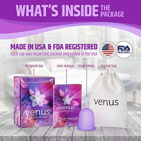 Venus Menstrual Cup – 100% Medical Grade Silicone Reusable Period Cup – Unique Design to Ease Your Period Cycle – Eco-Friendly Tampon Alternative – Made in USA – Size Small – Purple
