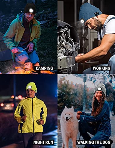 Bluetooth Beanie Hat with Light, Unisex USB Rechargeable 4 LED Headlamp Cap with Wireless Headphones, Unique Christmas Birthday Gifts for Men Him Husband Teen (Black)