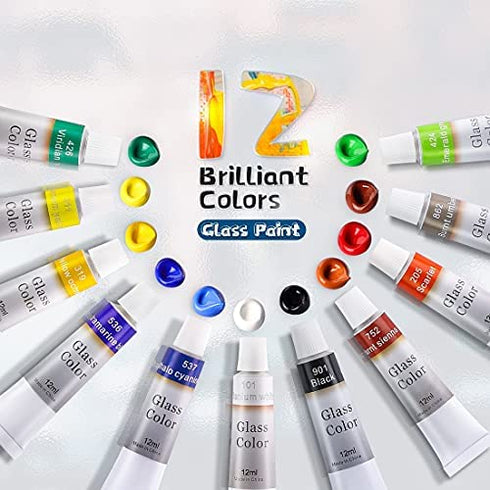 COLORFUL Stain Glass Paint Kit with 12 Colors, 3 Nylon Brushes, 1 Palette, Waterproof Acrylic Enamel Painting Set to Create Translucent Arts on Transparent Wine Glasses, Porcelain, Window and Ceramics