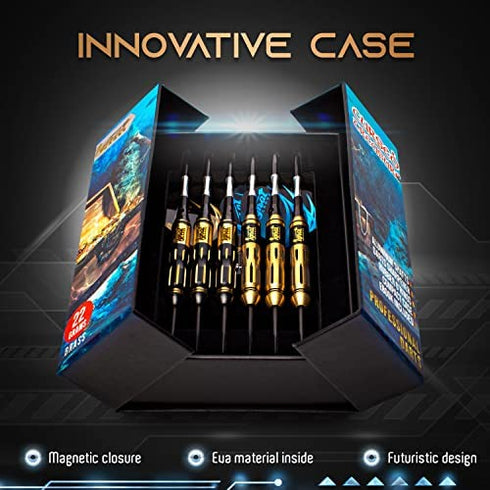 IgnatGames Darts Metal Tip Set - Professional Darts with Stylish Case and Darts Guide, Steel Tip Darts Set with Aluminum Shafts + Rubber O'Rings + Extra Flights + Dart Sharpener and Wrench