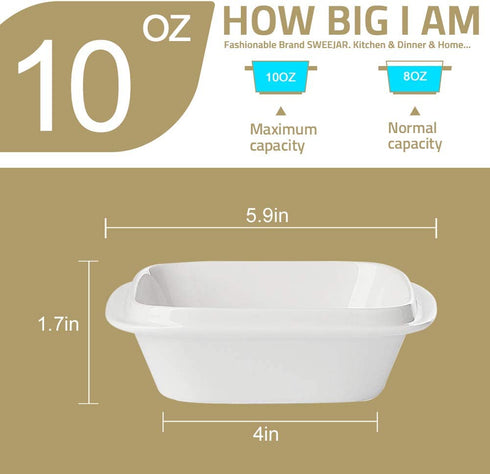 SWEEJAR Porcelain 10oz Square Ramekins with Handle for Baking, Souffle Dishes, Sauce Dishes, Dipping Bowls Stacked for Kitchen Cabinet Set of 6(White)