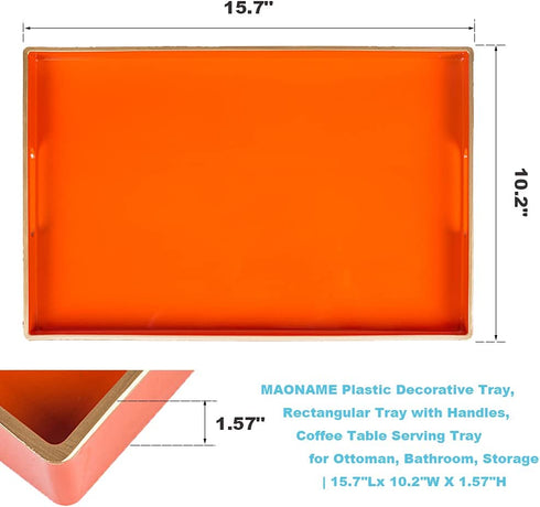 MAONAME Orange Serving Tray with Handles, Modern Decorative Tray for Coffee Table, Plastic Rectangular Tray for Ottoman, Bathroom, Decor, 15.75 x 10.2 x1.57