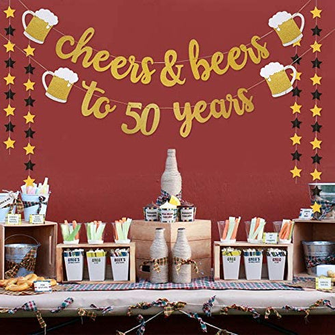 50th Birthday Decorations for Men / Women - 50th Birthday Gifts - Cheers & Beers to 50 Years Gold Glitter Banner - 50th Anniversary Decorations for Party, 50th Wedding Party Supplies for Couple