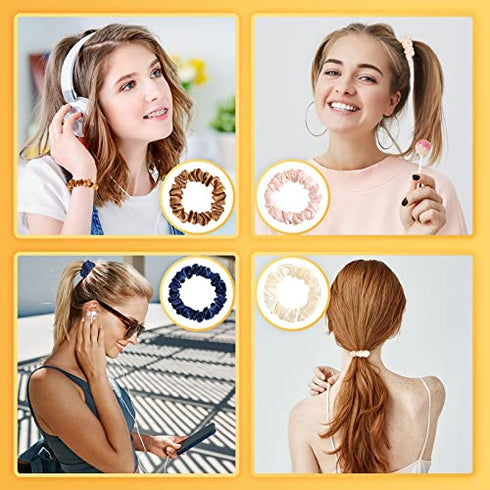 12 Pieces Small Silk Scrunchies for Hair Mini Satin Scrunchy Elastic Ponytail Holders Thin Hair Bands Thick Curl Hair Ties Skinny Hair Ties Ropes for Women Girl (Fresh Color)