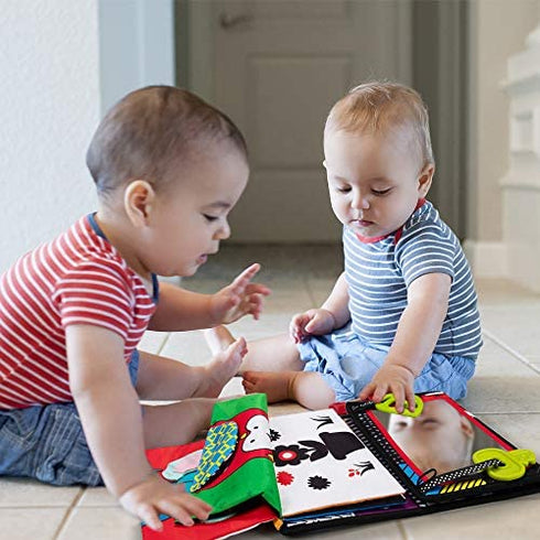 teytoy Tummy Time Floor Mirror with Crinkle Cloth Book and Teethers, High Contrast Black and White Baby Toys, Developmental Montessori Sensory Crawling Toy for Newborn Infant Toddler 0 3 6 Months Gift