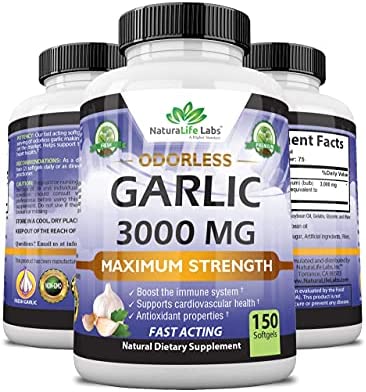 Odorless Pure Garlic 3000 mg per Serving Maximum Strength 150 Soft gels Promotes Healthy Cholesterol Levels Immune System Support