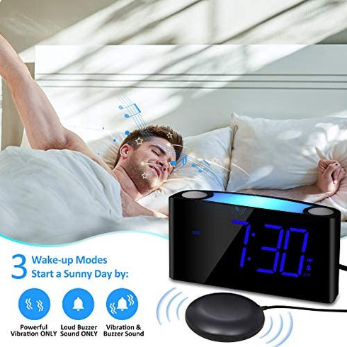 Extra Loud Vibrating Alarm Clock with Bed Shaker for Heavy Sleepers,Digital Bedroom Clock for Deaf Hearing Impaired Senior, 7 Night Light, Large LED Display,Dimmer, 2 USB Charger,12/24H,Battery Backup