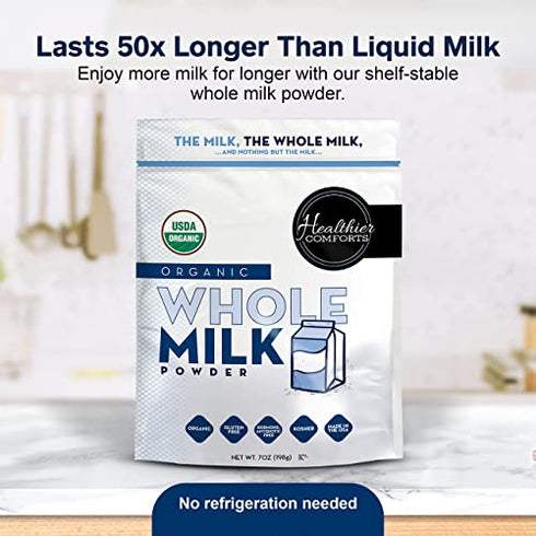 Healthier Comforts Organic Whole Milk Powder | Certified USDA Organic Powdered Milk | Kosher, Gluten Free, Non-GMO Dry Milk Powder Whole Milk | Dried Milk w/ Resealable Packaging, Shelf Stable Milk 7oz