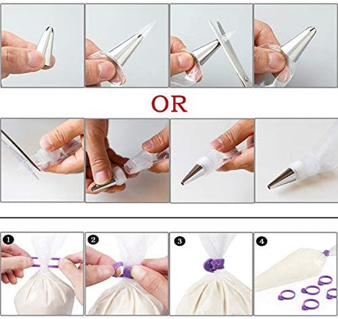 GEMLON Disposable Icing Piping Bags and Tips Set, 100Pcs 12 Inch Clear Plastic Pastry Bags Icing Piping Bags, Cookies&Cupcake&Cake Decorating Tool Supplies with Frosting Bags&6 Tips&2 Couplers&2 Ties