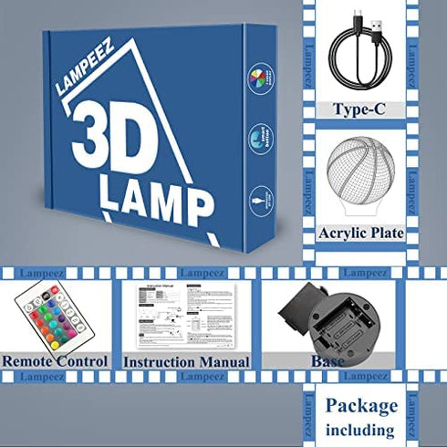 Lampeez Kids 3D Basketball Night Light Optical Illusion Lamp with 16 Colors Changing Remote Control Birthday Xmas Valentine's Day Gift Idea for Sport Fan Boys Girls