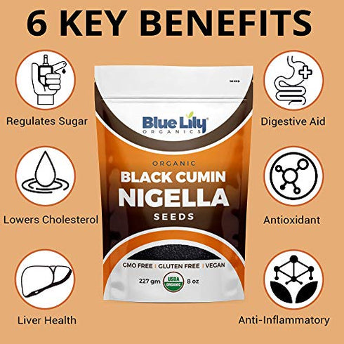 Blue Lily Organics | Raw Nigella Black Cumin Seeds (Nigella Sativa) | Certified Organic Ingredients | Non-GMO & Gluten Free | Healthy Spice w/ Antioxidant & Anti Inflammatory Qualities | 8oz Bag