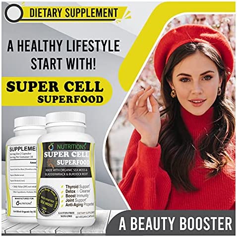 O NUTRITIONS Certified Organic Sea Moss, Super Cell Superfood Made with Organic Irish Sea Moss, Bladderwrack and Burdock Root, Wildcrafted Sea Moss Capsules, Vegan Seamoss Pill (Super Cell Superfood)