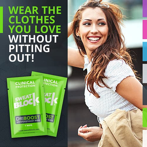 SweatBlock DRIBOOST Clinical Strength Antiperspirant Wipes - Treat Hyperhidrosis, Excessive Sweating, & Stop Pit Stains - Up to 7 days Protection Per Wipe - 5 ct - Unisex