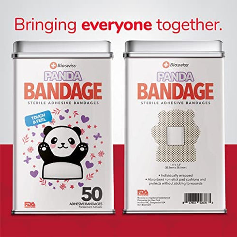 BioSwiss Kids Bandages | 50pcs Sterile Unique Shaped Bandages Colorful Funny Cute Toddler Girls & Boys, Adults First Aid, Protect Scrapes and Cuts | Wellness for Everyone | Reusable Tin (Panda)