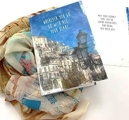 Smiling Wisdom - City Retirement Journey Goodbye Greeting Card - Wherever You Go, Go with All Your Heart Gift Set - Chiffon Viscose Scarf - Woman Coworker Grad - Tan Blue Multi-Colored